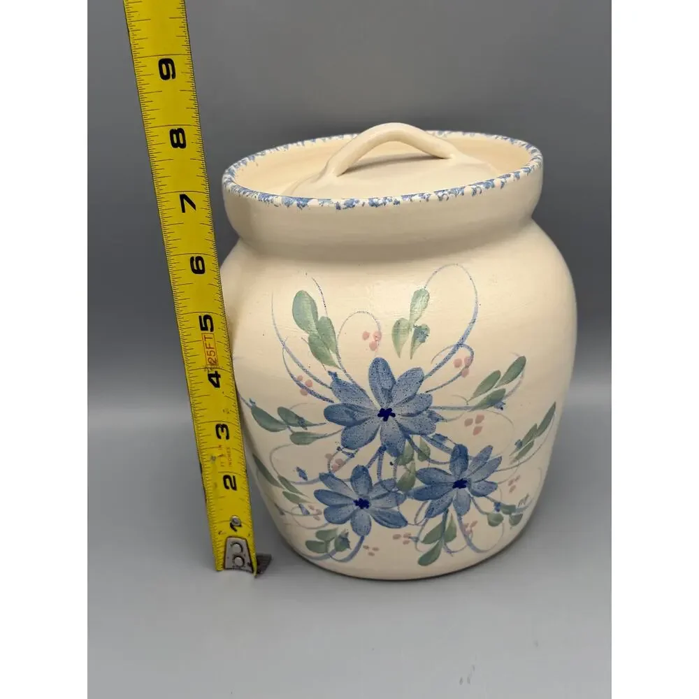 Marshall Pottery Texas Blue Floral Stoneware Lidded Crock Canister 8